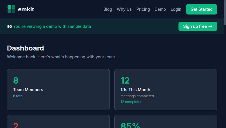 emkit Dashboard - Team metrics, mood tracking, velocity charts, and action items
